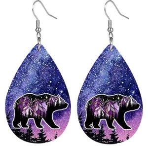 Leather Purple and Blue Night Sky Bear Drop Earrings